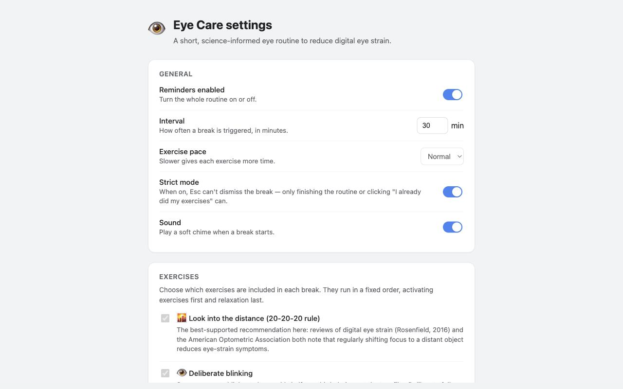 Eye Care settings page with 20-20-20 rule and exercise options
