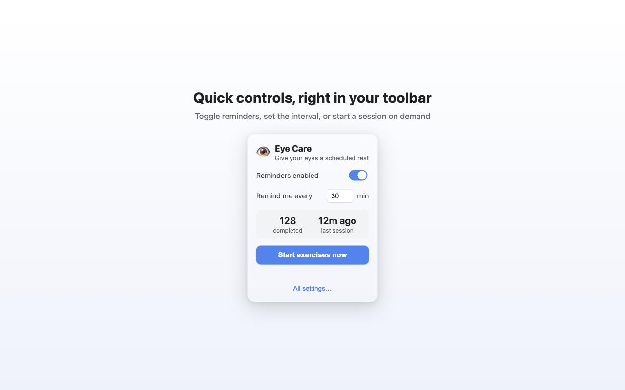 Eye Care toolbar popup with reminder toggle and interval
